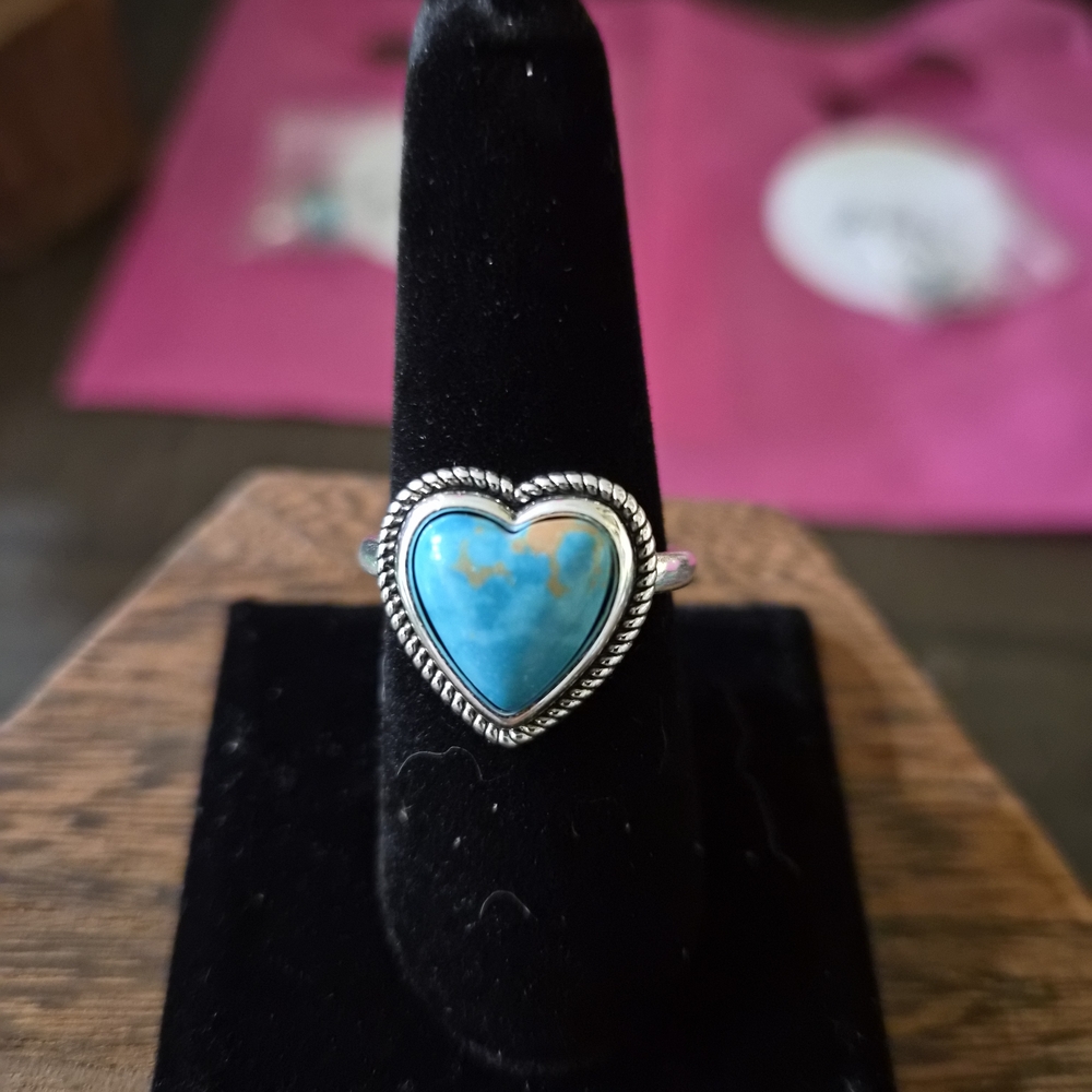 Heart-Shaped Faux Turquoise Silver Ring Size 7, 8, 9 A13 Western Wear